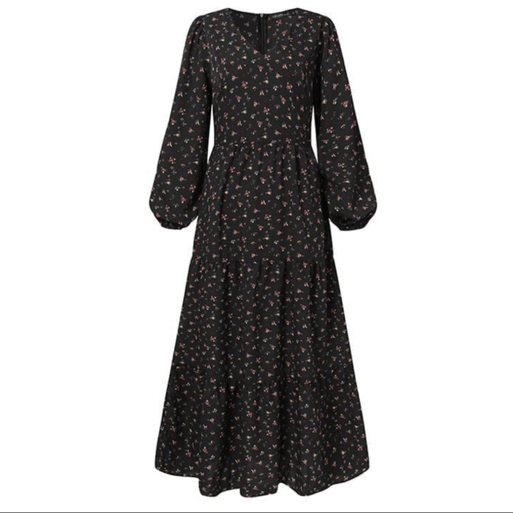 NEW Black Floral Maxi Dress XL, V-Neck, Tiered Full Skirt, Long Puff Sleeves